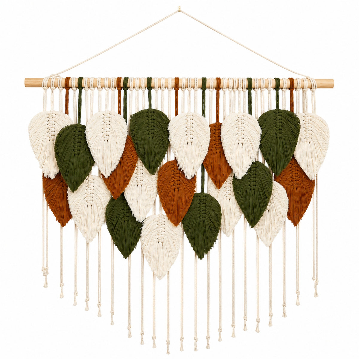 A hand-knotted macramé wall hanging featuring woven leaf shapes in white, olive green, and terracotta brown, suspended from a light wood dowel with a hanging string.