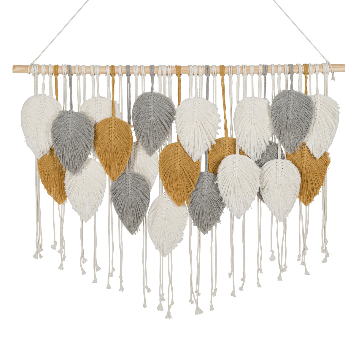 A hand-knotted macramé wall hanging featuring woven leaf shapes in white, silver and gold, suspended from a light wood dowel with a hanging string.