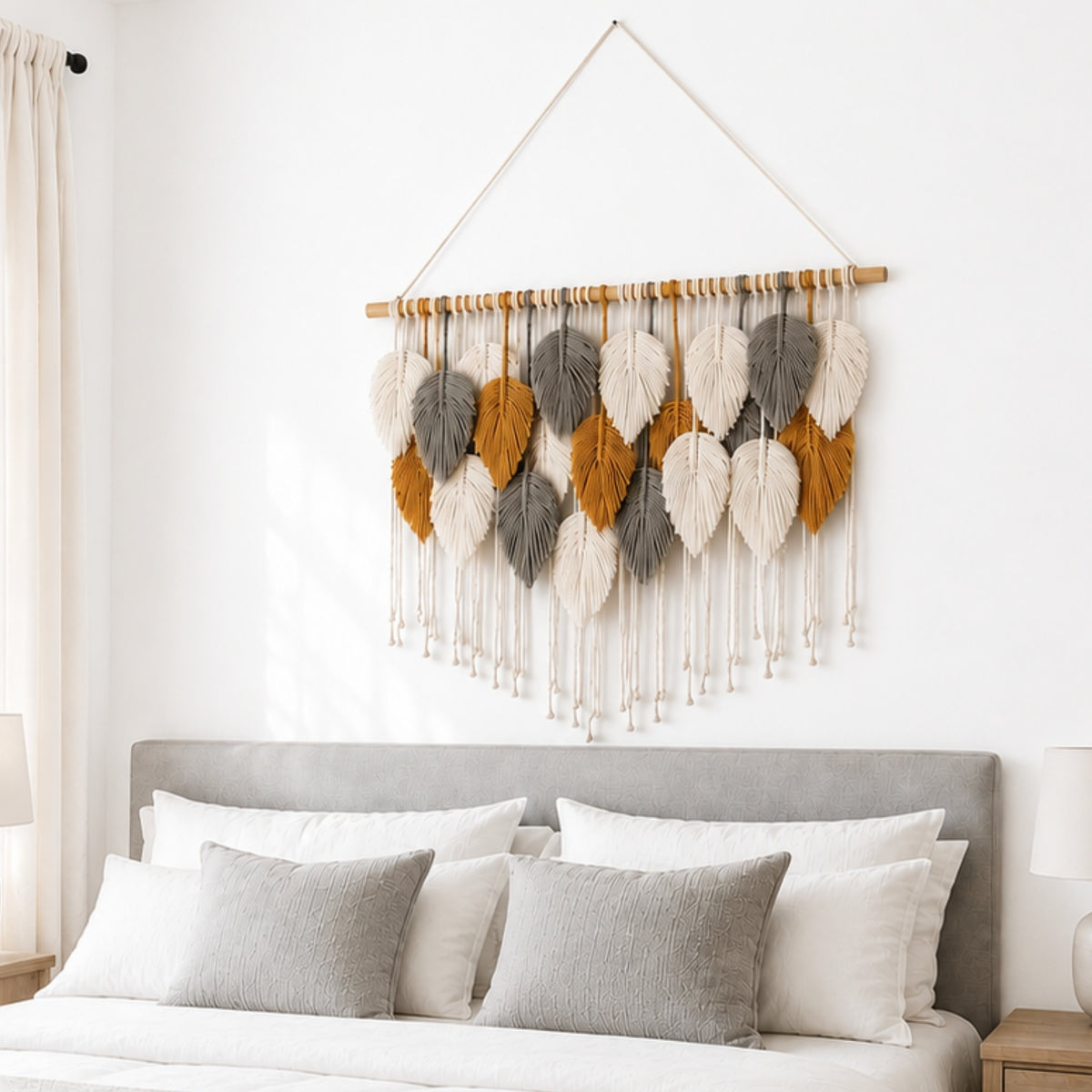A bohemian-style woven wall hanging with leaf-shaped tassels in white, silver, and gold, suspended above a bed in a bright bedroom.
