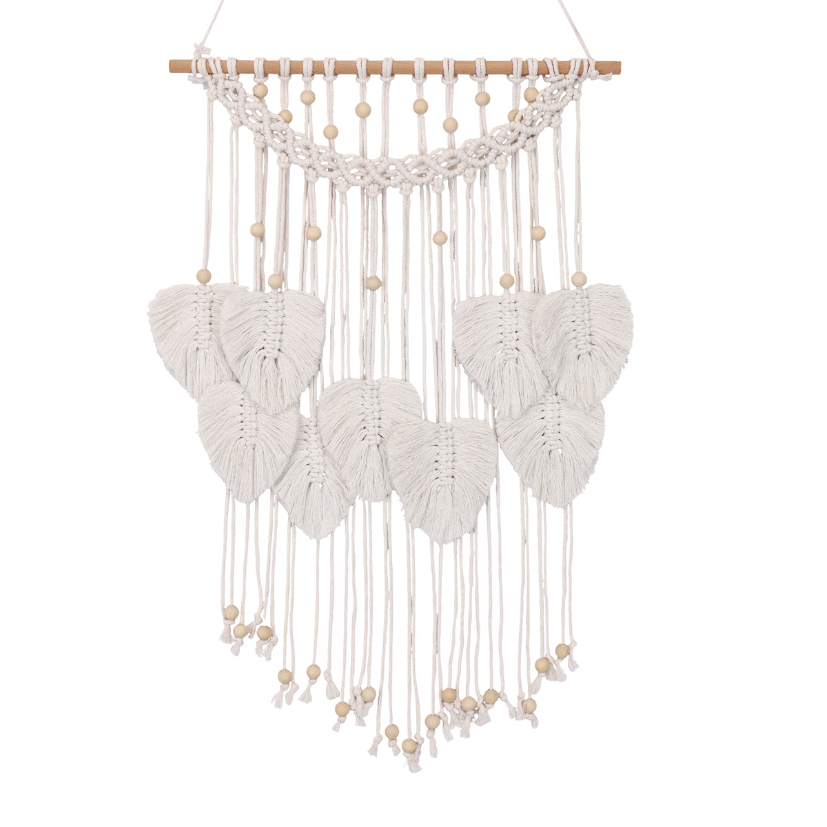 A bohemian-style macrame wall hanging with a light wood dowel, white woven cords, and multiple leaf-shaped woven tassels accented with small wooden beads, shown against a plain white background.