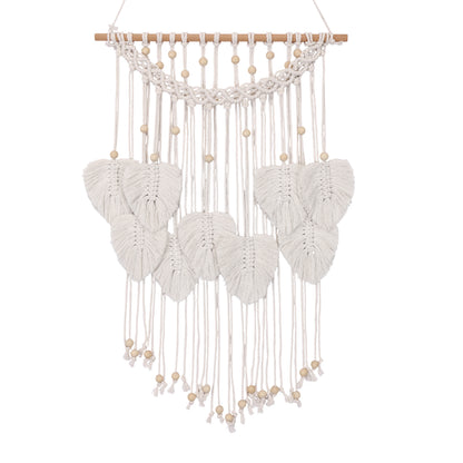 A bohemian-style macrame wall hanging with a light wood dowel, white woven cords, and multiple leaf-shaped woven tassels accented with small wooden beads, shown against a plain white background.